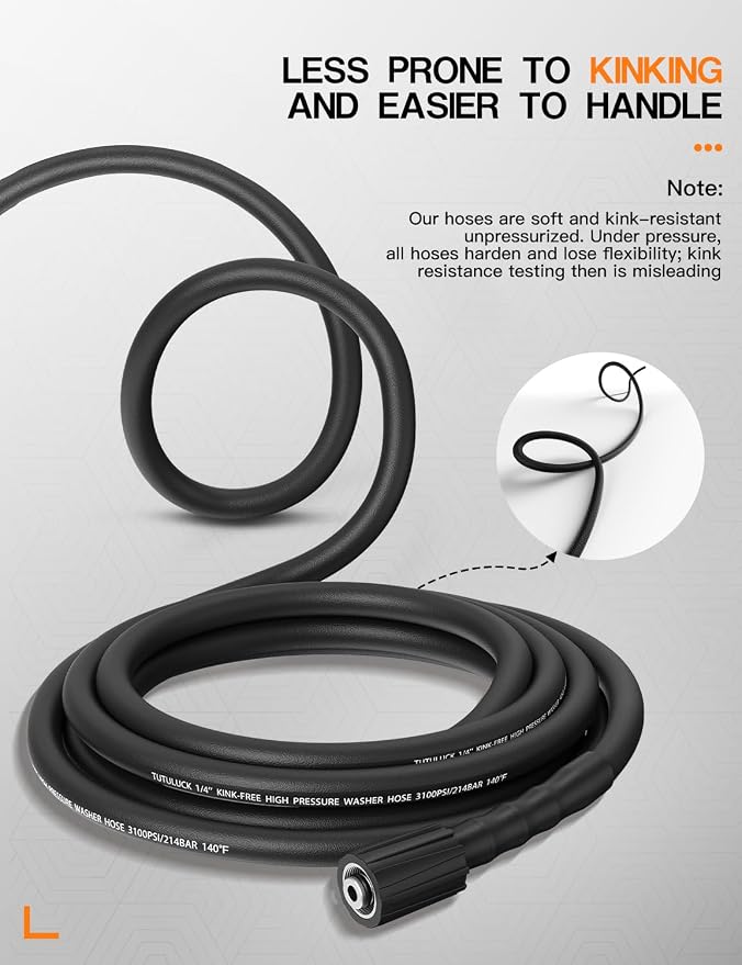 Pressure Washer Hose 50 ft, 3100 PSI 1/4" Flexible Kink Resistant Power Washer Hose, m22 14mm Thread High Pressure Replacement Hose for Ryobi, Greenworks, Simpson, Craftsman