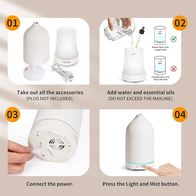 URPOWER 120mL Ceramic Essential Oil Diffuser with Quiet Mist & Auto-Off | Ultrasonic Mist with 2 Mist Modes and 7-Color LED Lighting for Bedrooms, Offices and Daily Aromatherapy