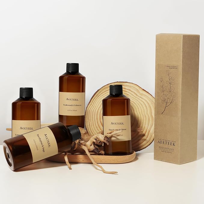 Reed Diffuser, Teakwood & Tobacco Essential Oil Refill | 6.8 oz (200ml) Musk Scented Oil, Handmade Home Air Freshener with Sticks, , Long-Lasting Room Scent for Office, Bathroom