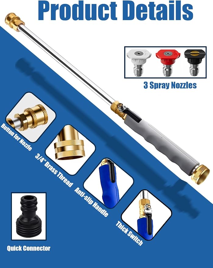 Jet Nozzle High Pressure Hose Nozzle, 18” Hydro Jet Water Hose Nozzle for Garden Hose with 3 Different Nozzles & Hose Quick Connectors, Power Washer Wand for Cleaning Patio, Car, Pet, Window, Grey