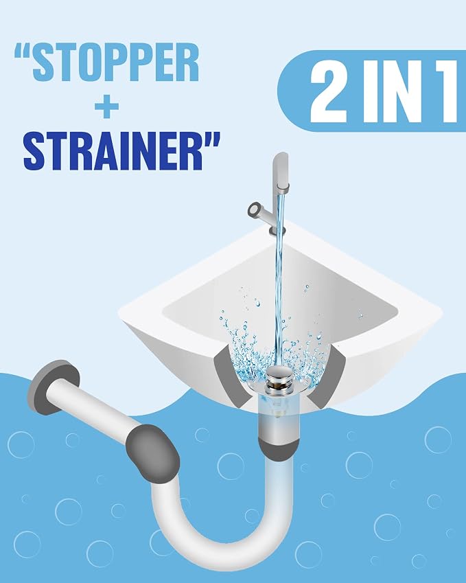 Bathroom Sink Drain Strainer, 2 in 1 Anti-Clogging Sink Stopper with Hair Catcher, Universal Pop-Up Sink Drain Plug Fits 1.1" ~ 1.5" Drain, Solid Brass (Chrome)