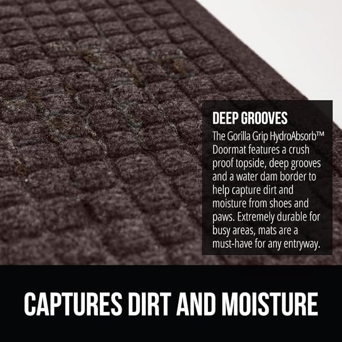 GORILLA GRIP Front Door Mat, 35x23, Indoor Outdoor Ultra Absorbent HydroAbsorb Doormat, Absorbs Up to 5.7 Cups of Water, Stain and Fade Resistant, Rubber Backing Doormats, Captures Dirt, Coffee