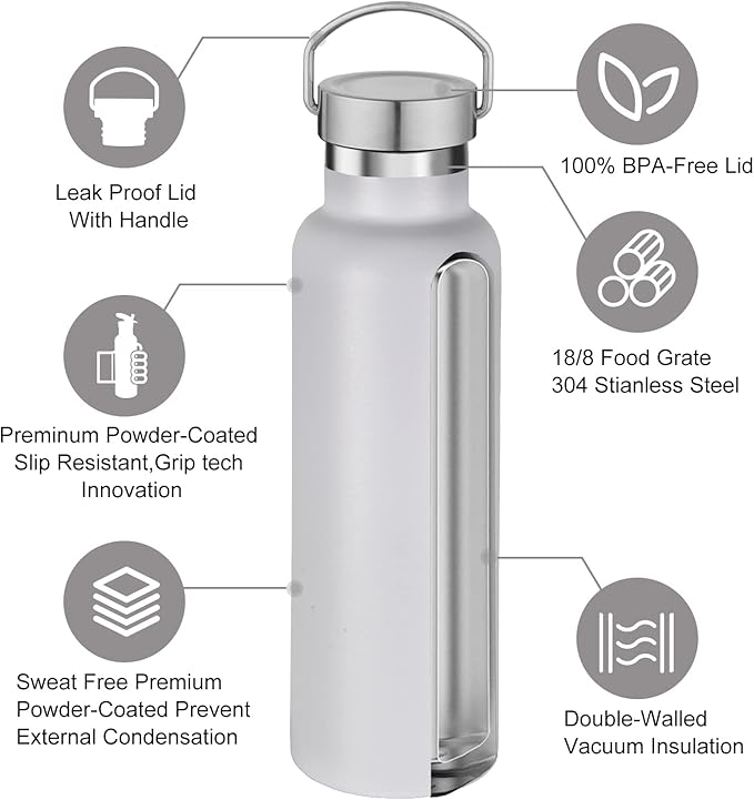 Neihepal 20 oz Insulated Water Bottles Bulk 2 Pack,Stainless Steel Double Wall Sport Bottle with Lid of Handle,Metal Reusable Thermoses Flask with Cup Cap for School,Cyclists,Gift (White,Set of 2)
