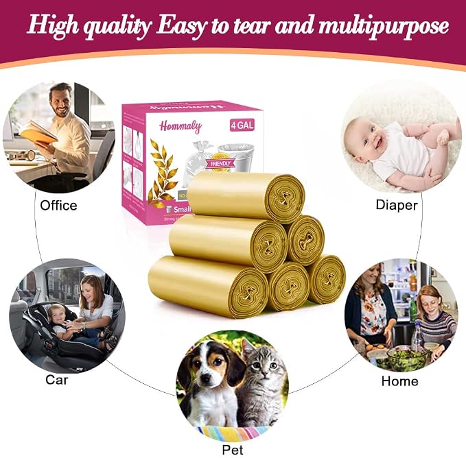 4 Gallon 180pcs Small Gold Trash Bags Strong Golden Garbage Bags, Bathroom Trash Can Bin Liners, Gold Plastic Bags for Home Office, Waste Basket Liner, Fit 12-15 Liter, 3.5,4,4.5 Gal（Golden 180）