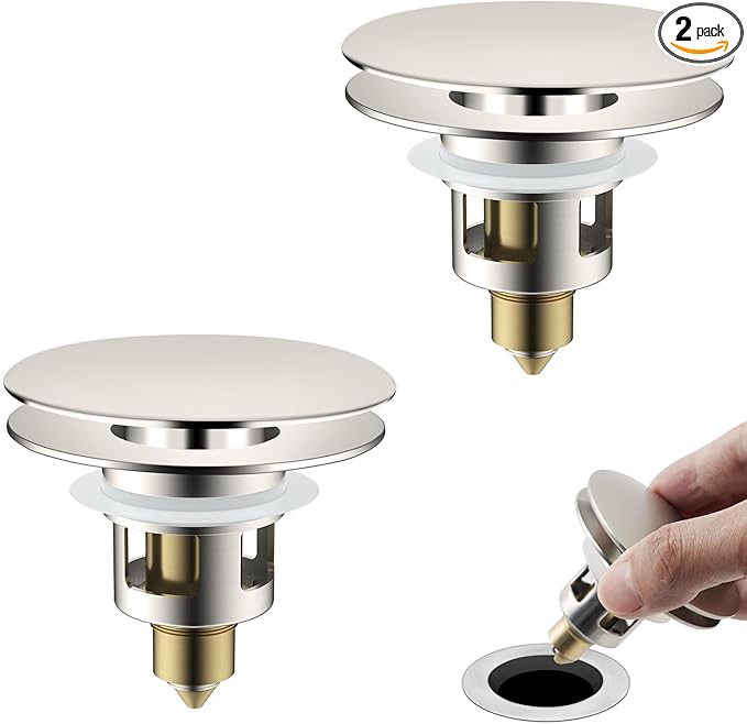 Universal 2PCS Bathroom Sink Stopper 2 in 1 Pop Up Metal Sink Drain Strainer with Hair Catcher, Fit for 1.1~2.36" Sink Basin Hole, Big Cover Cap, Anti-clog, Brushed Nickel
