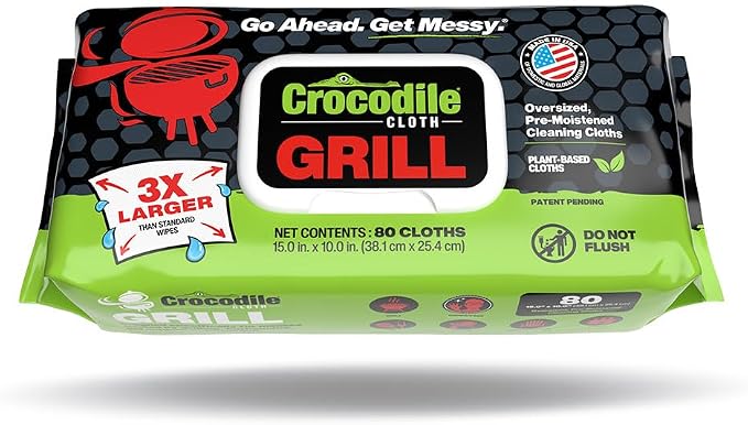 Crocodile Cloth Grill Plant-Based Food Safe Cleaning Wipes, 80 Count | Safe on Skin & Multiple Surfaces, Infused with Aloe & Vitamin E, Large, Pre-Moistened & Absorbent
