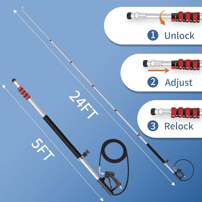 LidoDola 24FT Telescoping Pressure Washer Wand, Power Washer Accessory | Effortlessly Cleans Farther,Lightweight aluminum extension pole, Includes 3 Extension Wands, Brush, 7 Nozzles & Harness