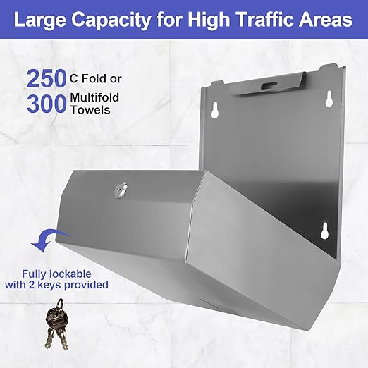 Paper Towel Dispenser Wall Mount, Brushed Stainless Steel Commercial Paper Towel Holder with Lock, Large Capacity 250 C Fold/300 Multifold Towels