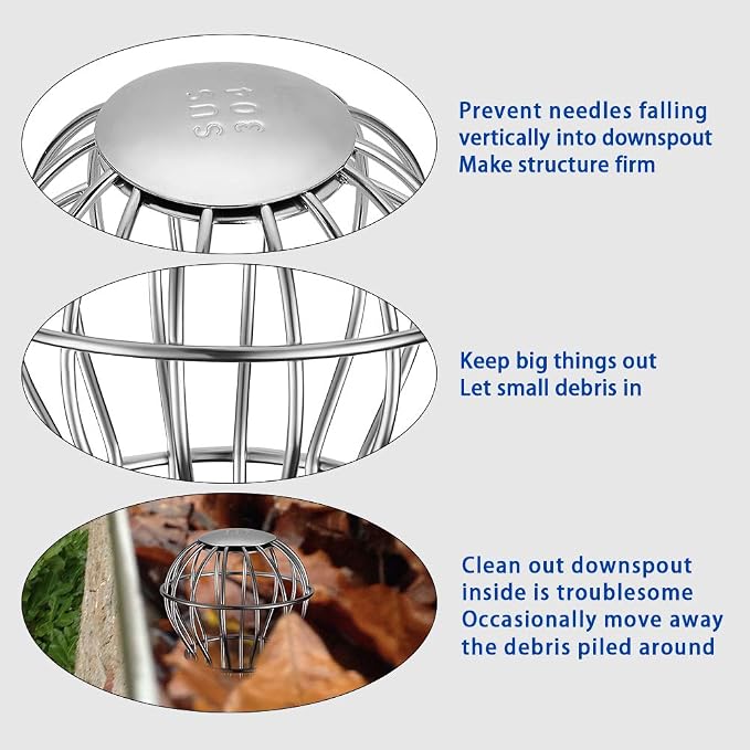 Gutter Guard, Fits for 1.7" ~ 2.4" Round Downspout, 304 Stainless Steel Rigid Filter Strainer, Stops Leaves Seeds and Other Debris, Gutter Cleaning Tool – 4 Pack