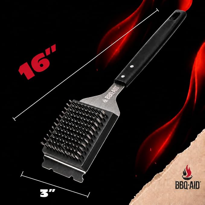 Grill Brush for Outdoor BBQ Grill Cleaning Scraper, Replaceable Head, Black | Barbecue Grill Cleaning Brush with No-Scratch Stainless Steel Bristles and Extended Black Handle, Safe for Any Grill Grate