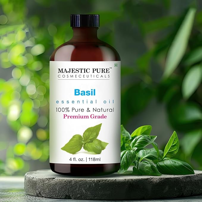 Majestic Pure Basil Essential Oil for Diffuser - 4 Fl Oz | 100% Natural Essentials Oils for home fragrance, diffuser use, massage, DIY candles, DIY soaps, Aromatherapy