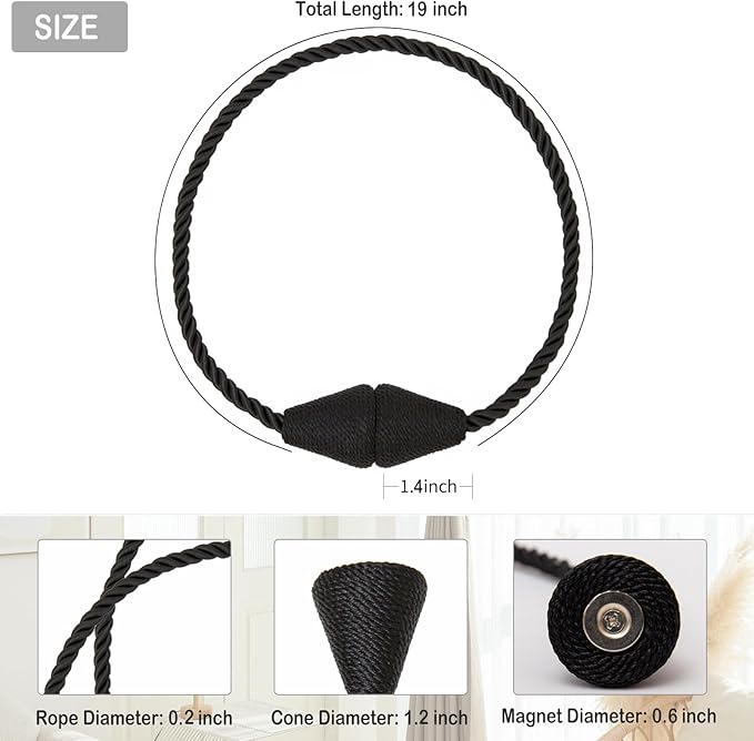 Magnetic Curtain Tiebacks 4 Pack Outdoor Rope Curtain Tie Backs Decorative Window Treatment Holdbacks for Home Decorative Curtain, Black