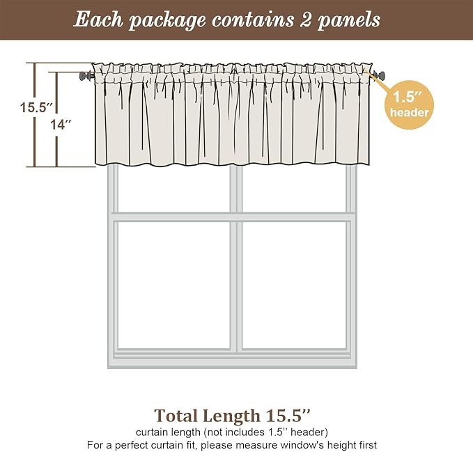 Chyhomenyc Cream Sheer Valances for Windows 2 Pack, Small Window Curtains for Living Room Bathroom Cafe Laundry Basement, Modern Top Dual Rod Pocket Voile Curtain, 42W x 14L inches