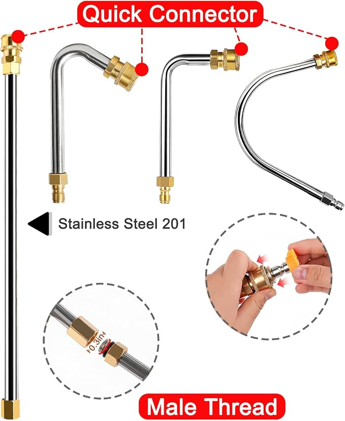 Pressure Washer Extension Wand 120", Gutter Cleaner Attachment | 10 Pc Power Washer Lance with 6 Atomization Nozzle Tips,1 Gutter Cleaner Attachment Curved Rod, 1/4" Quick Connect, 4000 PSI