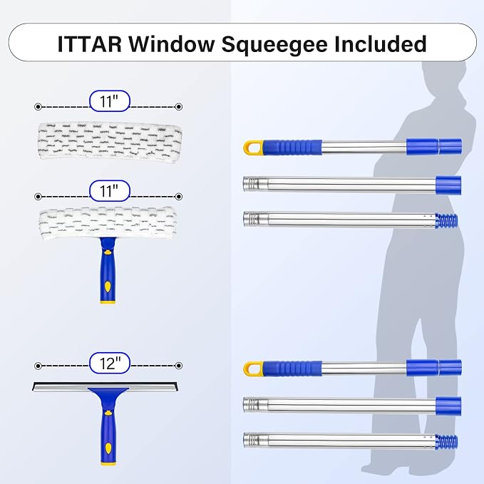 Window Squeegee with 2 Sets Separate Pole, 12" Rubber Squeegee and 11" Microfiber Pads, 60"-73.6" Telescopic Window Cleaning Kit with Rotating Head for High Windows, Shower Glass, Car Windshield