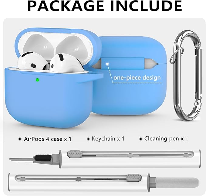 Ljusmicker for AirPods 4 Case 2024 with Cleaner Kit,Soft Silicone Protective Cover for Apple AirPods 4th Generation Cases for Women Men,for AirPod 4 Case Accessories with Keychain-Milk Blue