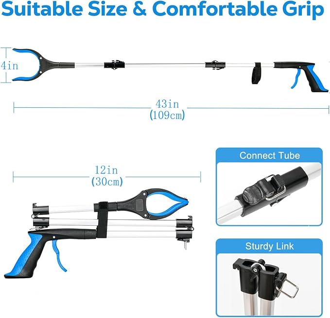 Grabber Reacher Tool - 43” Extra Long Foldable Gripper and Reaching Tool - Heavy Duty Pick Up Stick Grabbers for Seniors, Trash, Surgery Recovery Must Haves Gifts (Blue-43in)