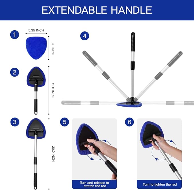 Qydipclin 7pcs Windshield Cleaner Tool Car Window Cleaning Wash Kit with 4 Reusable Microfiber Pads 1 Spray Bottle and Extendable Handle Auto Glass Wiper Kit, Blue