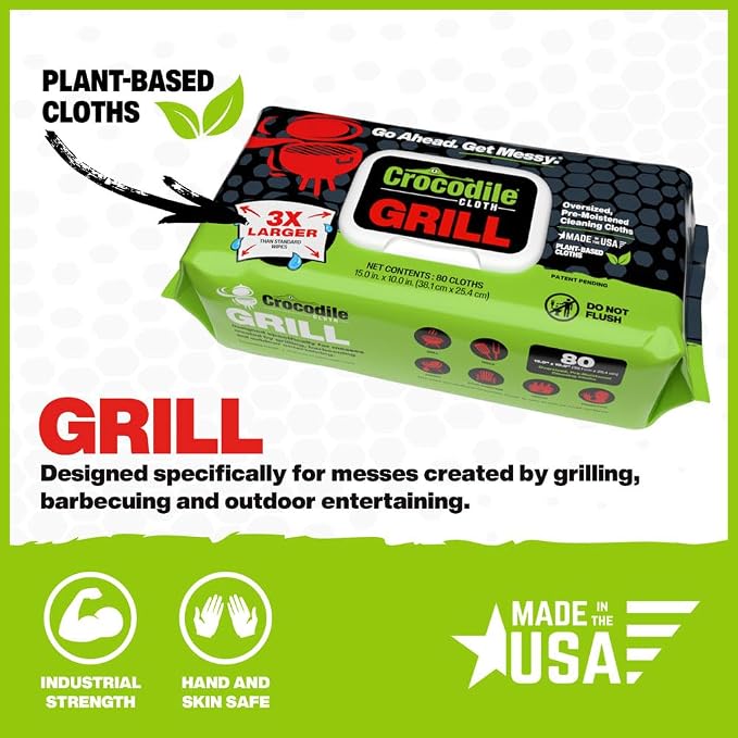 Crocodile Cloth Grill Food Safe Cleaning Wipes, 8 Packs, 640 Count | Safe on Skin & Multiple Surfaces, Infused with Aloe & Vitamin E, Large, Pre-Moistened & Absorbent