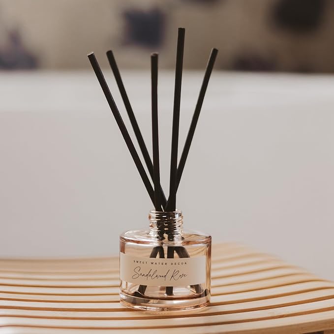 Sweet Water Decor Sandalwood Rose Reed Diffuser – Room Decor Aesthetic with Long-Lasting Premium Fragrance of Green, Leafy, Winey, Rose, Guaiac Wood, and Musk for 4 Months – Ideal for Home Decor