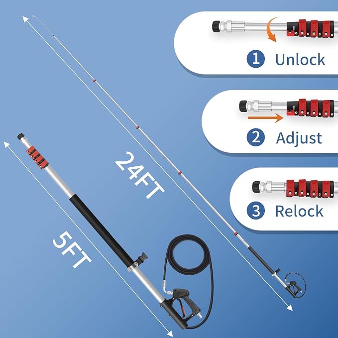 LidoDola 24FT Telescoping Pressure Washer Wand, Power Washer Accessory | Effortlessly Cleans Farther,Lightweight aluminum extension pole, Includes 2 Extension Wands, Brush, 5 Nozzles & Harness