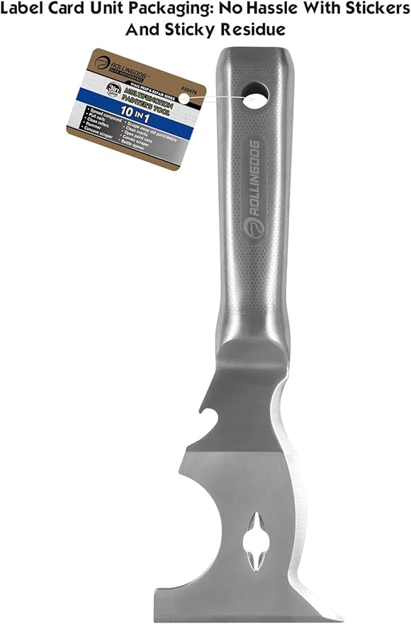 ROLLINGDOG 10 in 1 Painter's Tool - Stainless Steel Mirror Polished One Piece Blade And Laser Engraved Handle,3 inch Multifunction Putty Knife Drywall Paint Scraper