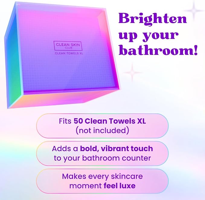 CLEAN SKIN CLUB Prism Box for Clean Towels XL – Acrylic Bathroom Storage Organizer, Holds 50 Disposable Face Towels, Dust-Proof Countertop Container with Lid for Skincare & Vanity Organization