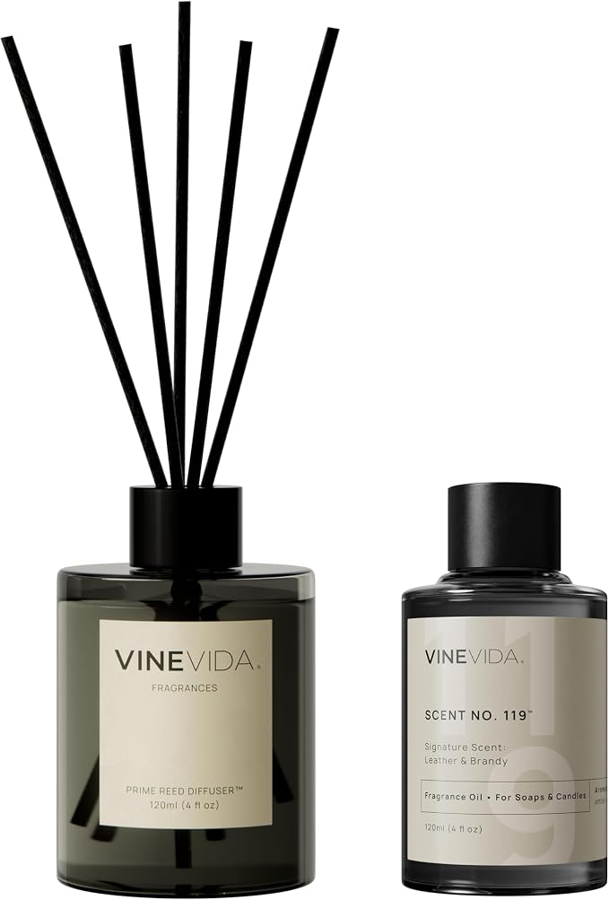 VINEVIDA | Leather & Brandy | Reed Diffuser for Home & Bathroom | Long-Lasting Scent Sticks Set | Oil Stick Diffuser | Bathroom Scent