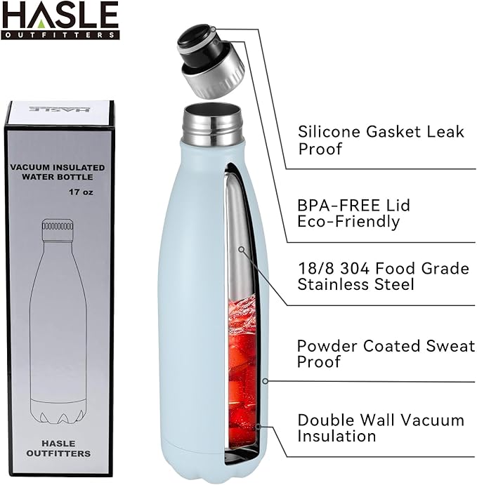 HASLE OUTFITTERS 17oz Stainless Steel Water Bottles Bulk, Vacuum Insulated Water Bottles Double Walled Reusable Metal Sports Water Bottles Keep Drinks Hot and Cold, Light Blue, 8Packs