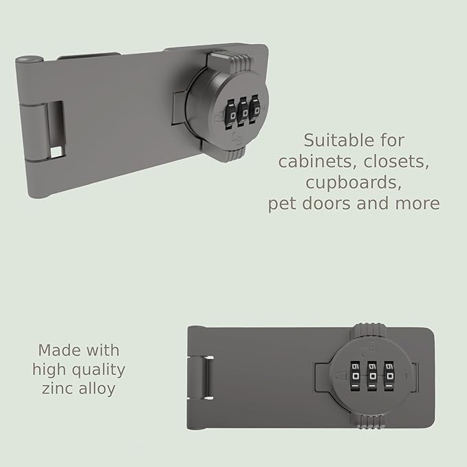 Keyless Combination Lock – 3-Digit Combination Lock for Cabinet Doors – Twist Knob Hasp Latch Lock with Password Code – Zinc Alloy Cabinet Door Latch for Kitchen Drawers, Cabinets, Cupboard (Grey)