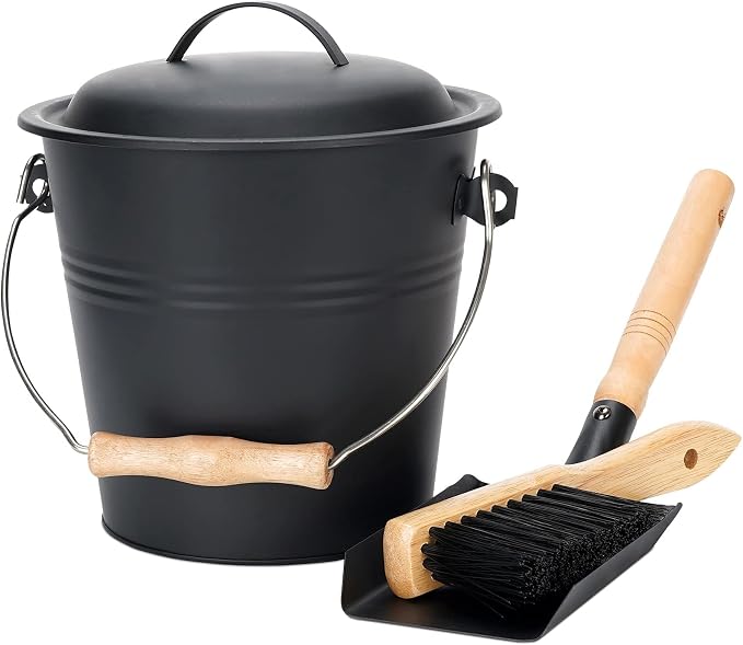 Mini Ash Bucket with Lid, Fireplace Ash Bucket - Black | 1.5-Gallon Ash Bucket With Lid and Shovel and Hand Broom, Metal Ash Bucket for Fireplace, Fire Pit, Wood Stove