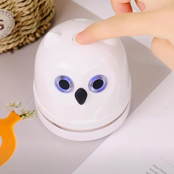 Desktop Mini Crumb Vacuum Cleaner Owl Tabletop Crumb Sweeper Vacuum USB C | Rechargeable Craft Desk Vacuum Cleaner for Glitter Paper Scraps Bread Crumbs Shavings Cookie Crumbs, Low Noise