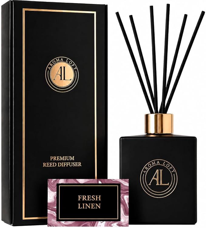 Reed Diffuser - Fragrance Diffuser for Home - 5 oz. Oil Diffuser Sticks - Bathroom Diffuser Set- Oil Diffuser Reeds - Scent Sticks in Oil-Office Smell Good Stuff (Black, Fresh Linen)
