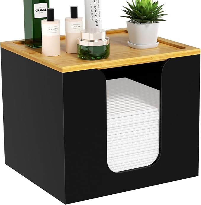 VITVITI Disposable Face Towel Holder for Clean Skin Club, Acrylic Box Black | 50 XL Face Towels Holder Container, Facial Towel Storage with Bamboo Lid, for Bathroom, Vanity Makeup