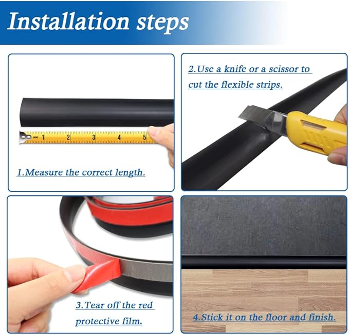 Floor Transition Strip Self Adhesive Carpet & Flooring Transitions Edging Trim Strip PVC Threshold Transitions Suitable for Threshold Height Less Than 5mm (20Ft, Black)