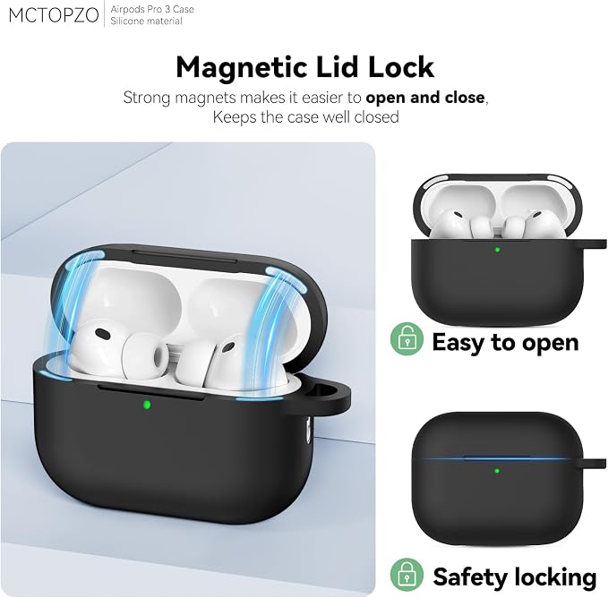for AirPods Pro 3 Case 2025,Come with Cleaner Kit,Magnetic Black | Silicone Protective Cover for Airpod Pro 3rd Generation Case with Keychain,for Women Men,One-Piece Design,Shockproof,Magnetic
