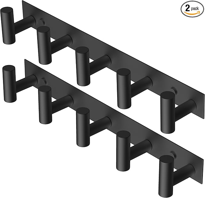 PMMASTO Coat Rack Wall Mounted, 5 "T Shaped Wall Hooks for Hanging, Heavy Duty Stainless Steel Coat Hook Rail for Hat Towel Robes in Bathroom Kitchen Mudroom Entryway (Black, 2 Pack)