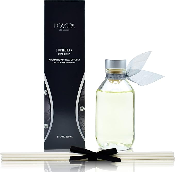 Reed Diffuser Set - Euphoria Luxe Linen Scented Diffuser with Sticks | Home Fragrance Reed Diffuser for Bedroom, Bathroom Shelf Décor, Beautiful Sparkly Gems in the Bottle - Made in the USA