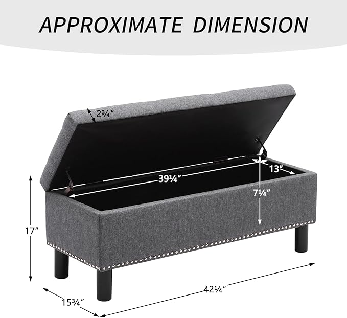 Furnimart 42.5 Inch Storage Ottoman Bench, Flip Top End of Bed Storage Bench, Upholstered Blanket Bench for Bedroom, Entryway, Living Room, Tufted Linen (Dark Grey)