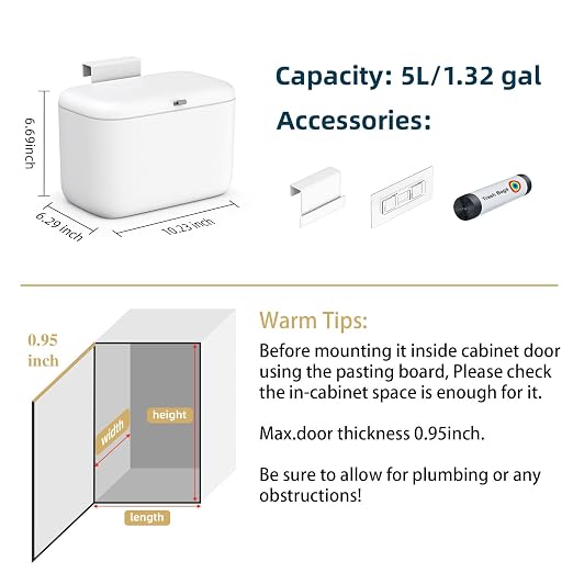 MUEE Compost Bin Kitchen for Counter Top or Under Sink 1.3 Gal/5L | Hanging Small Trash Can with Lid, Food Waste Bin, Mountable Garbage Can for Cupboard/Bathroom/Bedroom/Office/RV, Matte White
