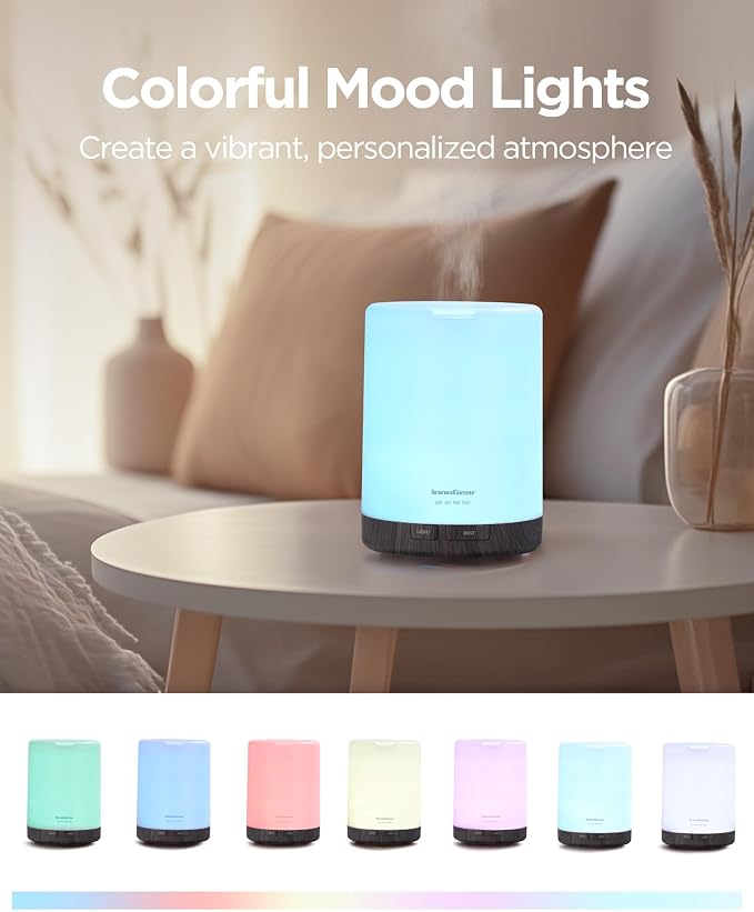 InnoGear 300ml Essential Oil Diffuser for Home Scent Humidifier, Brown | Aromatherapy, Cool Mist Humidifier, Ultrasonic, Large Room, Run up to 10hrs, Waterless Auto Off, 7 LED Lights, Quiet