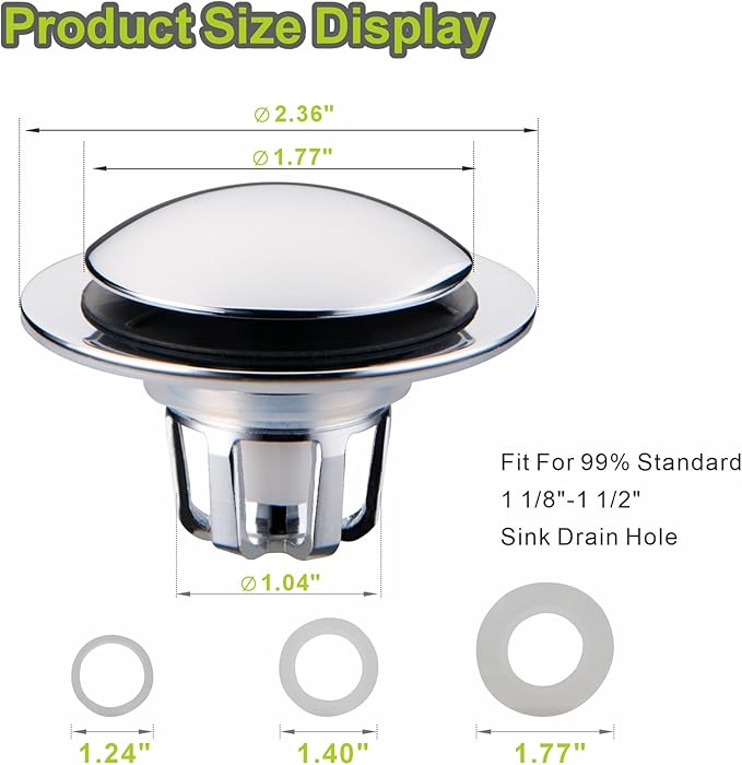 Pop Up Sink Drain Stopper Hair Catcher - Chrome 1 Pack | Polished chrome sink stopper, Fits 1-1/8 & 1-1/2 drains, Premium drain plug, Brass basket filter, Easy clean tool free.