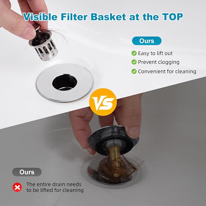 Universal Bathroom Sink Drain Strainer Hair Catcher Upgraded with Visible Top Stainless Basket, 3 in 1 Pop Up Sink Stopper for 1.1''~2.36'' Sink Basin Hole, Chrome