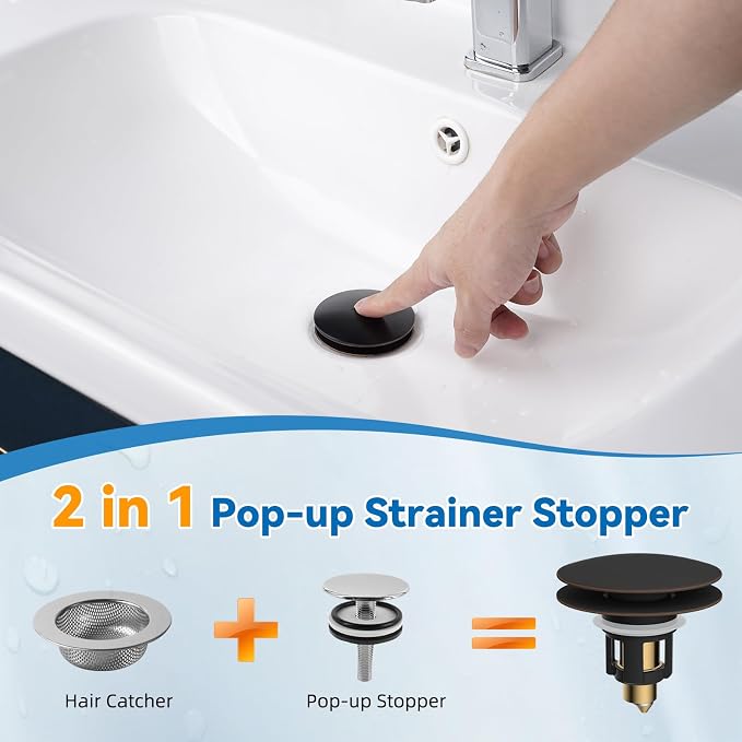 Universal Metal Bathroom Sink Stopper Hair Catcher, Oil-Rubbed Bronze | Pop-Up Sink Drain Strainer with Detachable Filter, Drain Plug Fits 1.1"-2.36" US Basin, Large Cover Cap, Brass Bounce Core