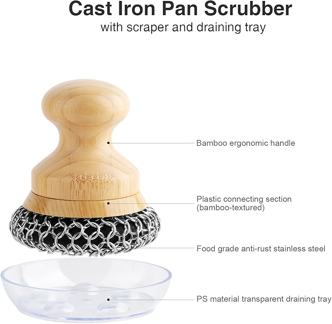 Cast Iron Scrubber and Scraper,Chain Mail Cleaner with Bamboo Handle & Draining Tray,316 Stainless Steel Brush for Cleaning Pots,Pans,Wok,Bakeware,Griddles, Grills(Small&Large ChainMail,2pcs)