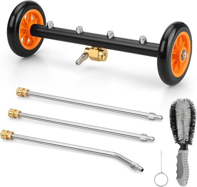 2-in-1 16'' Undercarriage Pressure Washer Water Broom, 4000PSI Cleaner | 4 Replaceable Nozzles Under Car Pressure Washer Attachment with 3 Pieces Extension Wand&Hub Brusher for Surface Power Washer