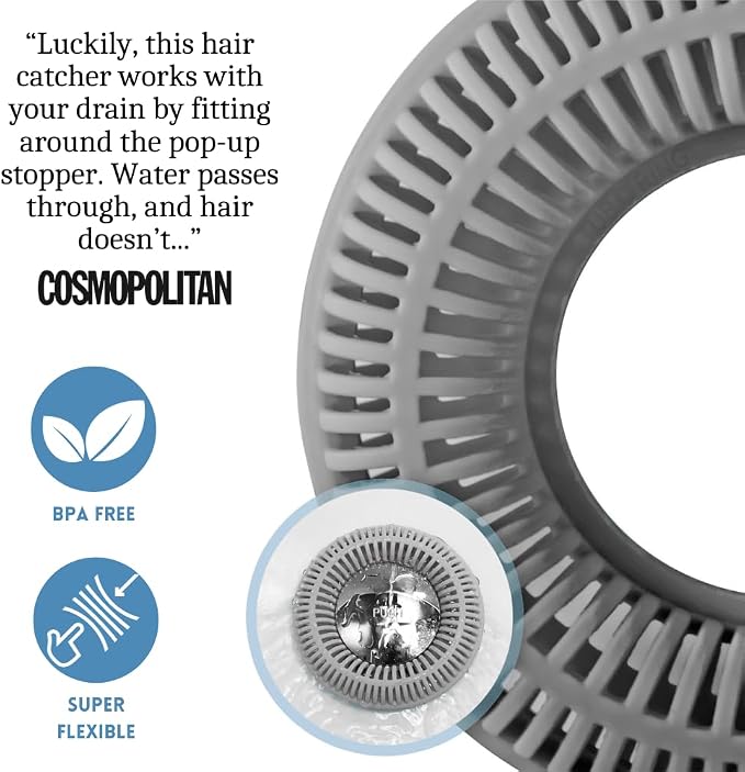 TubRing Pop-Up Drain Protector & Strainer Silicone Hair Catcher, Gray | Easy snap-in design fits around bathtub stoppers. Customizable utility guard for clog prevention. Fits 1.85"- 2.16" drains.