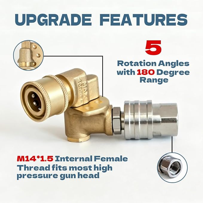 Copper Pivoting Coupler Kit 1/4 inch with 5 Angles & NPT 1/4 Pressure Washer Gun Head Quick Connector Stainless Steel Adapter Female Thread Fitting Set for Pressure Gun&nozzle&foam bottle