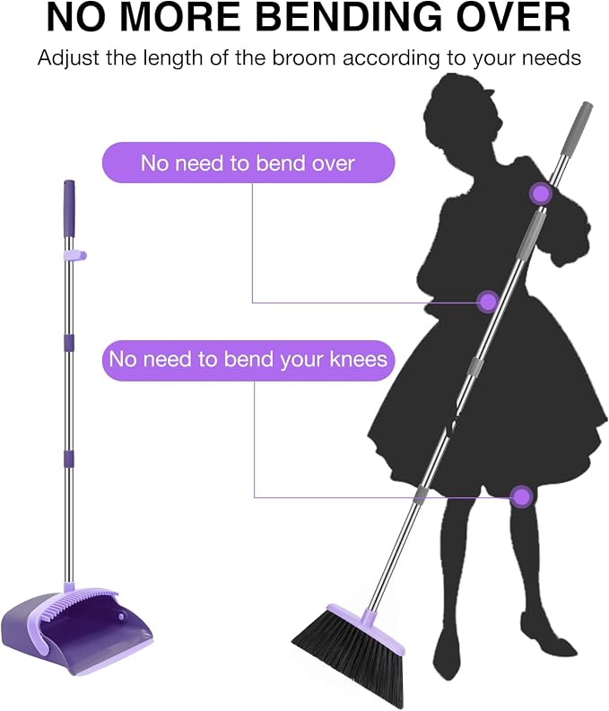NACENA Broom and Dustpan Set, 52-in Long Adjustable Handle Broom Dustpan Combo with Dustpan Teeth to Automatically Clean Hair Suitable for Home Kitchen Office Hall Floor (Purple), 4 Pack