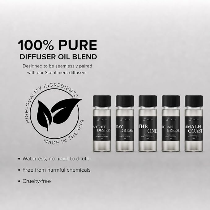 Scentiment Luxury Hotel Scents - 5 Diffuser Oil Set - 5 x 0.68 fl oz(20 mL) | Secret Desires, Day Dream, The One, Ocean Breeze & Amalfi Coast - Fresh Floral, Woody & Citrus Scents Home Fragrance Oils